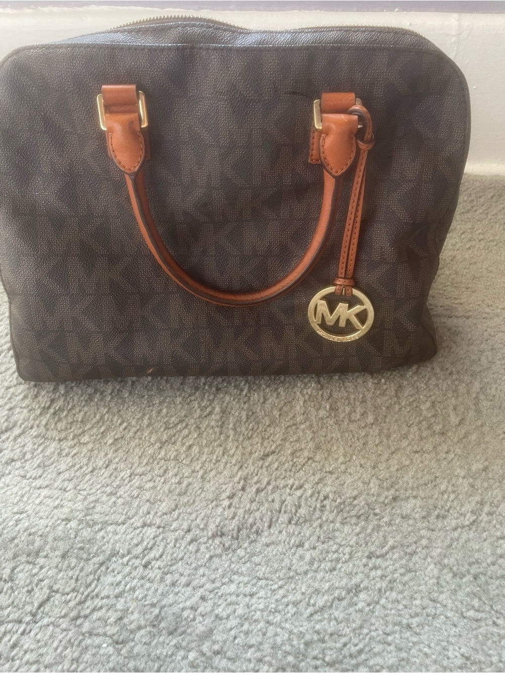 Michael Kors Dark Brown Signature Satchel with Tan Leather Handles